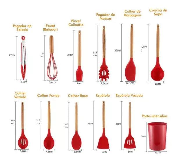 Kit Jogo 11 Peças Utensílios de Cozinha Silicone Col BPA Antiaderente com Suporteher Espátula kitchen Livre de