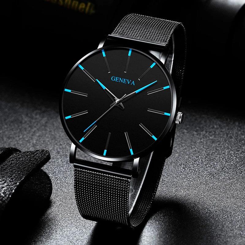 Relógio Minimalista Genebra 2024 para Homens, Ultrafino, com Pulseira de Malha em Aço Inoxidável Azul, Relógio Masculino de Quartzo para Negócios e Casual