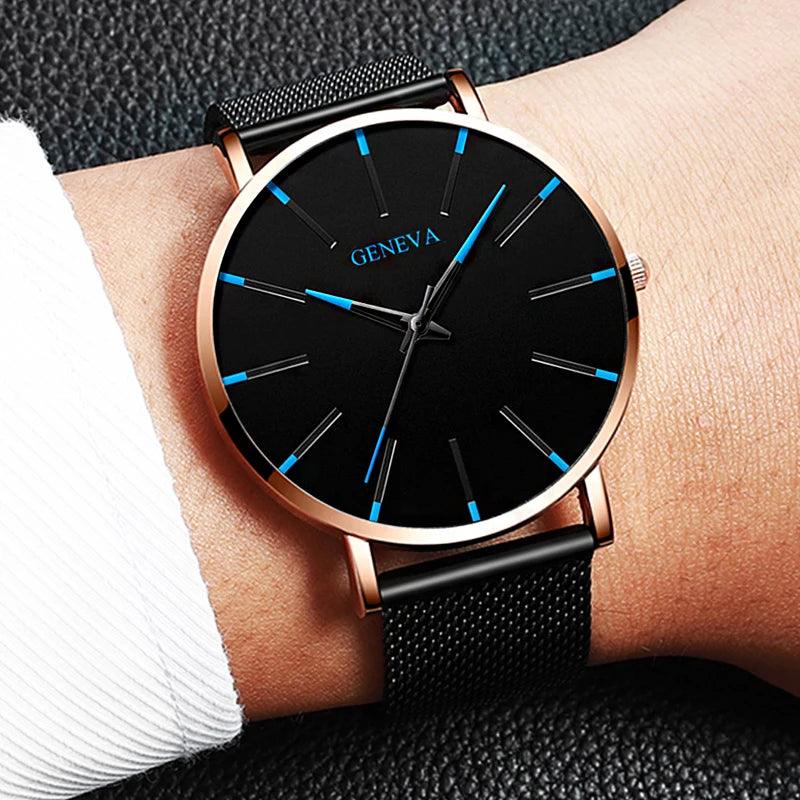 Relógio Minimalista Genebra 2024 para Homens, Ultrafino, com Pulseira de Malha em Aço Inoxidável Azul, Relógio Masculino de Quartzo para Negócios e Casual