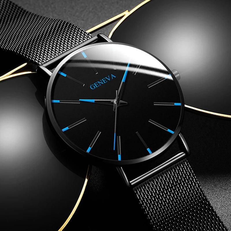 Relógio Minimalista Genebra 2024 para Homens, Ultrafino, com Pulseira de Malha em Aço Inoxidável Azul, Relógio Masculino de Quartzo para Negócios e Casual