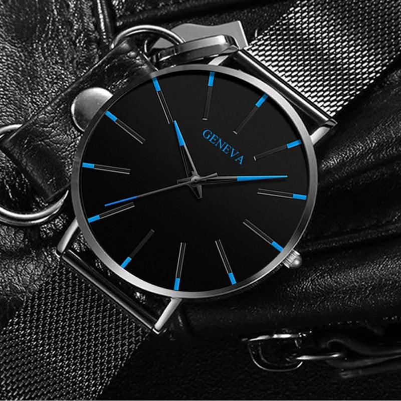 Relógio Minimalista Genebra 2024 para Homens, Ultrafino, com Pulseira de Malha em Aço Inoxidável Azul, Relógio Masculino de Quartzo para Negócios e Casual