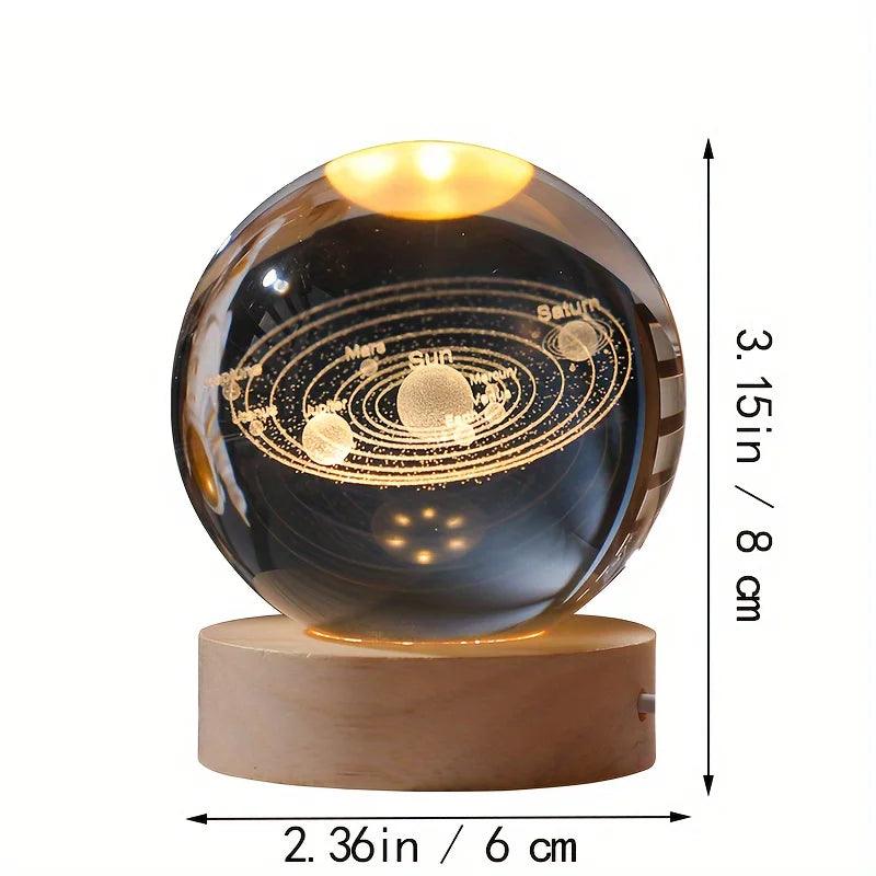 Globo de Cristal 3D de Vidro de 6 cm com Iluminação LED Quente, Gravado a Laser com Sistema Solar e Universo, Base de Madeira, Presente de Aniversário