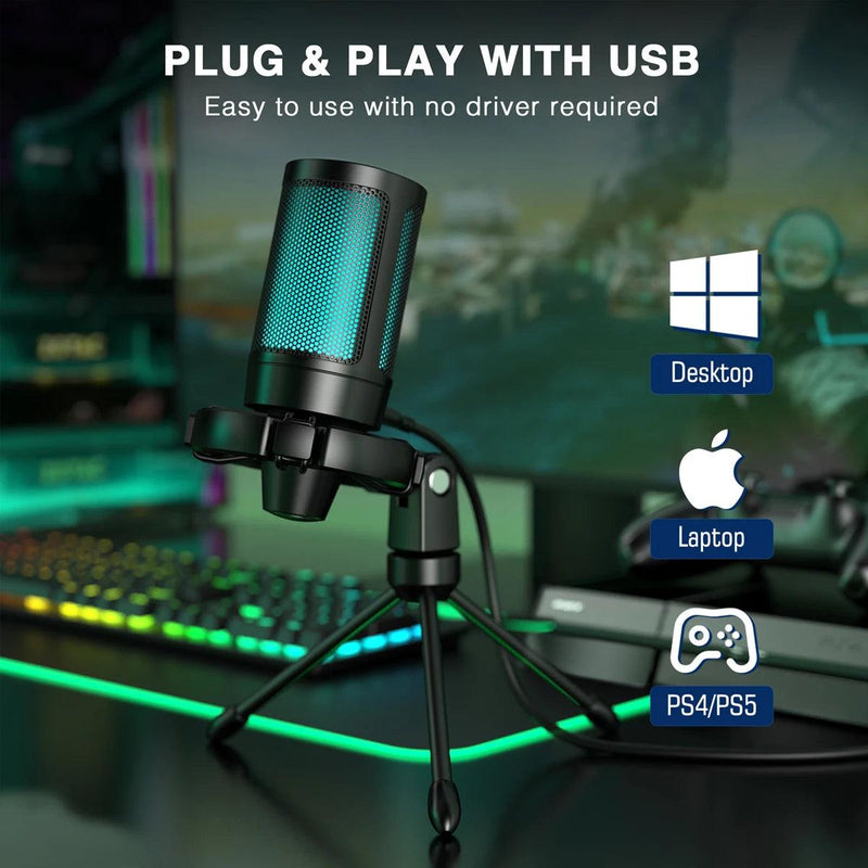 Microfone USB para Jogos FIFINE Ampligame RGB com Mute de Toque Leve, Microfone Condensador com Tripé para Streaming em PC, PS4/5 e Laptops - A2