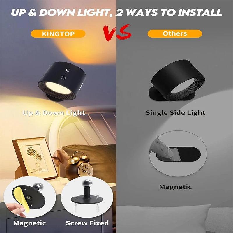 Lâmpada de Parede LED de Cabeça Dupla Controle por Toque Remoto Rotação 360 USB Recarga Sem Fio Portátil Luz Noturna para Quarto Luminária de Leitura