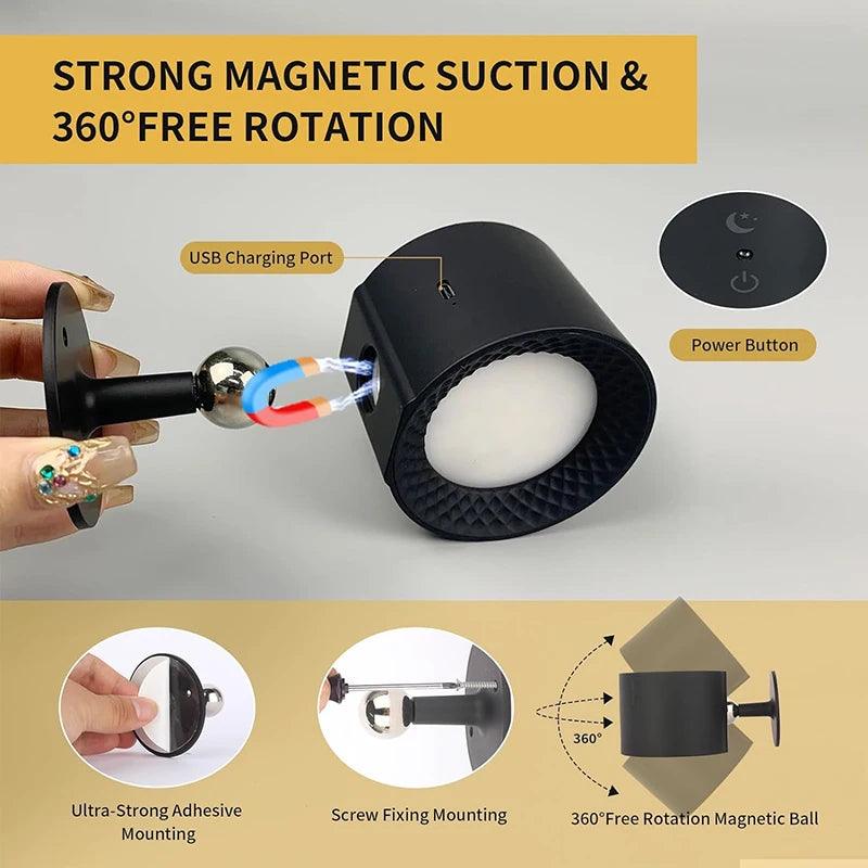 Lâmpada de Parede LED de Cabeça Dupla Controle por Toque Remoto Rotação 360 USB Recarga Sem Fio Portátil Luz Noturna para Quarto Luminária de Leitura