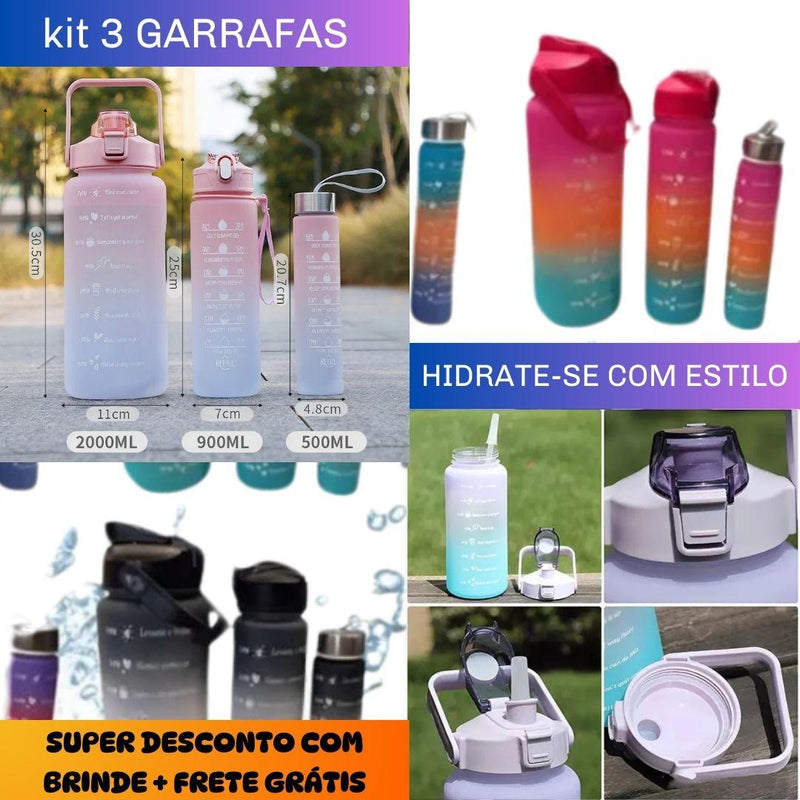 Garrafa De Água Squeeze Motivacional Kit 3 Garrafas + Brinde!