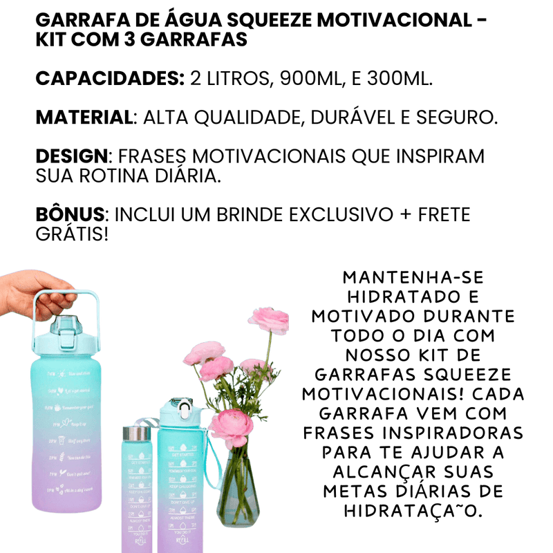 Garrafa De Água Squeeze Motivacional Kit 3 Garrafas + Brinde!